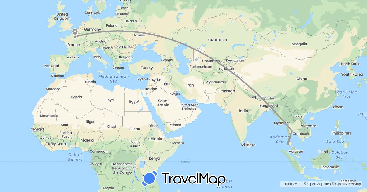 TravelMap itinerary: driving, plane in France, Thailand (Asia, Europe)